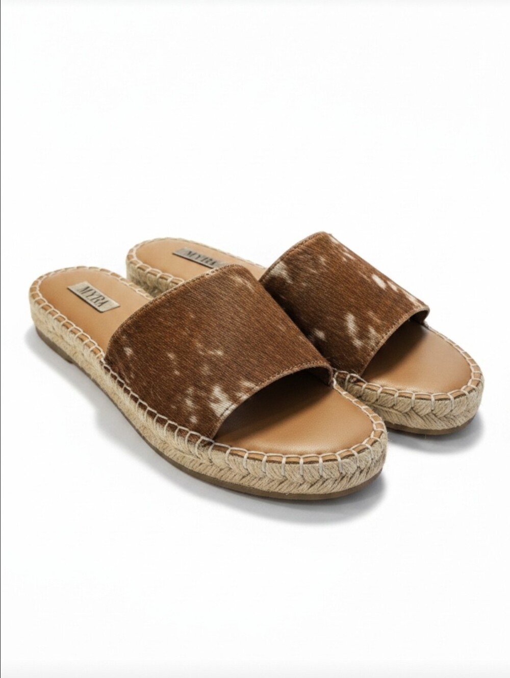 MYRA Real Cowhide Leather Espadrille Slide Sandals Brown White Size 8